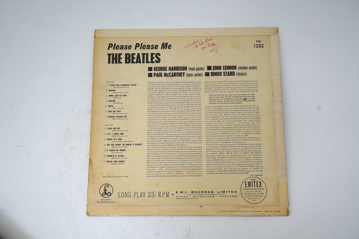 Eleven The Beatles LP record albums; Please Please Me, PMC 1202, XEX.421, two copies of With The Beatles, both PMC 1206, XEX.447, two copies of A Hard Day’s Night, both PMC 1230, XEX.481, two copies of Help!, PMC 1255, X